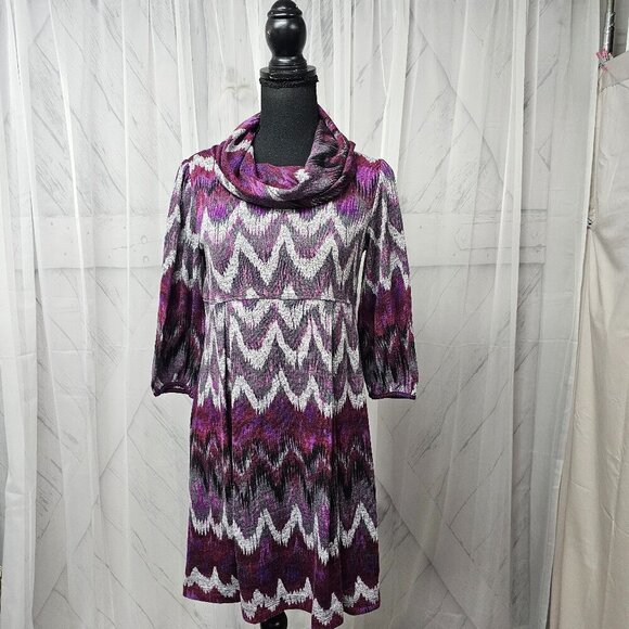 I.N. Studio Purple Abstract Aztec Boho Cowl Neck Knit Mini Dress Size 10P - Picture 13 of 13